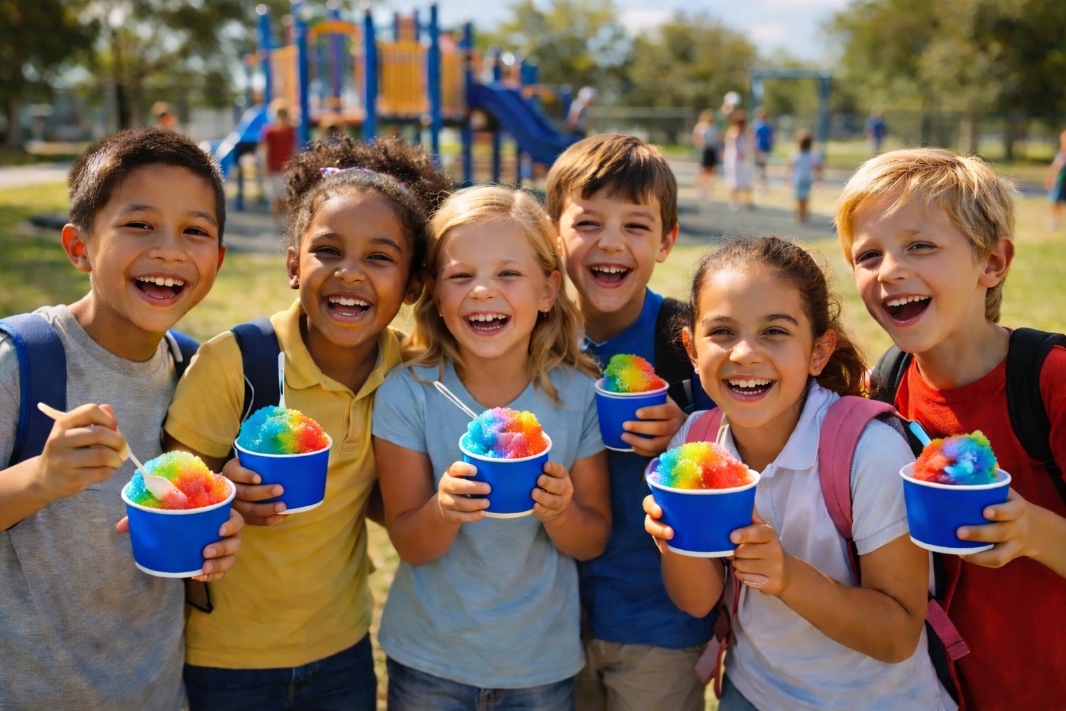 Happy kids holding colorful shave ice cups at a school playground